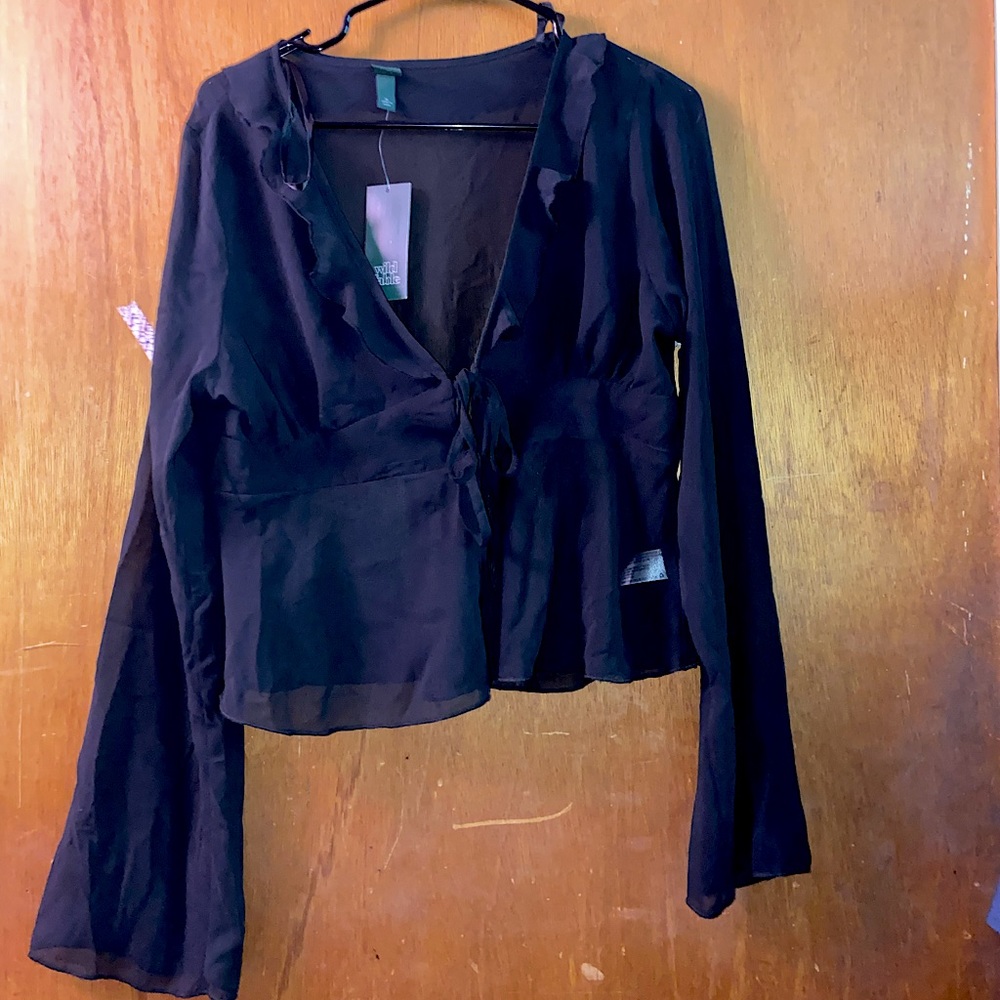 Wild Fable Sheer Black Shirt Cardigan Top With Ruffle Detailing Size XL